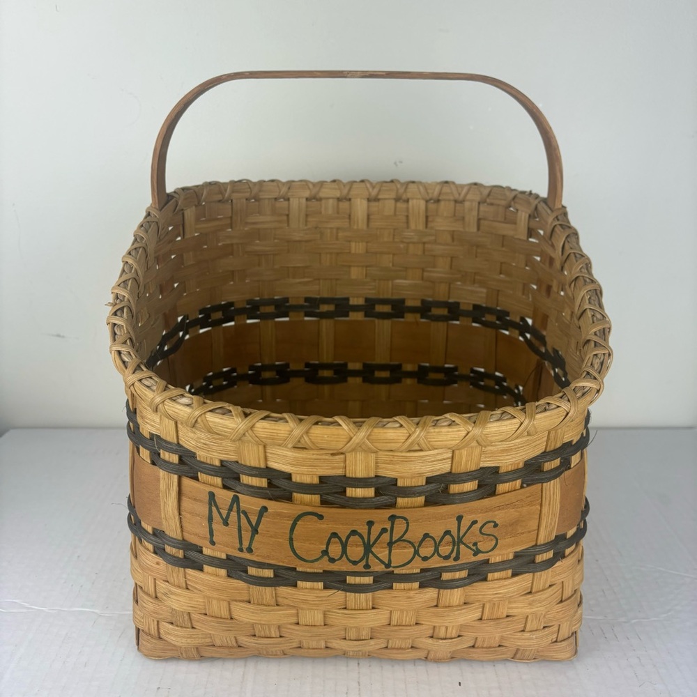 Handcrafted basket for cookbooks with handle-signed by maker